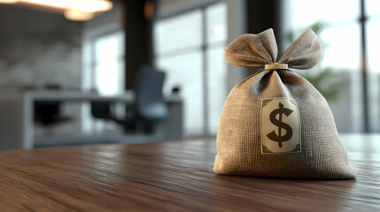 A burlap sack with a dollar symbol placed on a wooden desk, symbolizing wealth, savings, or financial success in a professional office setting.