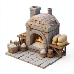 3D Render of a medieval bakery with a stone oven and sacks of flour, on isolated white background