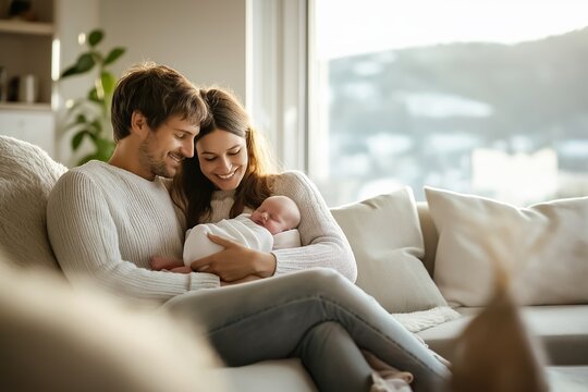 Young family is enjoying a quiet moment at home, cuddling with their newborn baby on the sofa