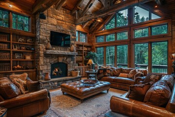 Elegant Rustic Living Room with Leather Furniture, Stone Fireplace, Wood Beams, and Forest Views