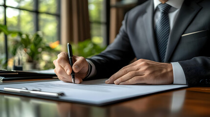 A businessman signing documents in a modern office setting.