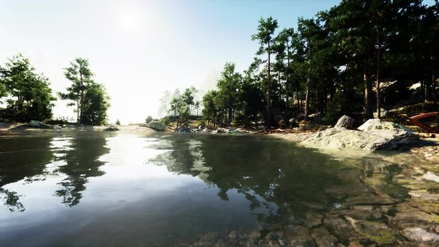 breathtaking alpine landscape, with a serene lake and towering evergreens