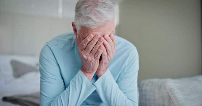 Man, frustrated and senior couple in bed with conflict, relationship problem and disagreement. Talking, marriage crisis and upset mature woman in bedroom for discussion, fighting and divorce in home