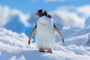 Fototapeta premium Elegant Penguin Standing on Snow-Covered Hills in Antarctica with Clear Blue Sky Background