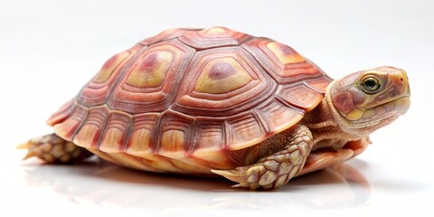 Obraz premium A small turtle, pink and slow-moving, sits on a plain white background, its shell slightly worn, eyes closed in serenity.