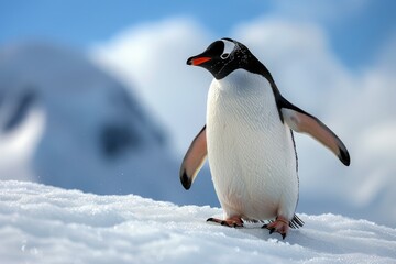 Fototapeta premium Elegant Penguin Standing on Snow-Covered Hills in Antarctica with Clear Blue Sky Background