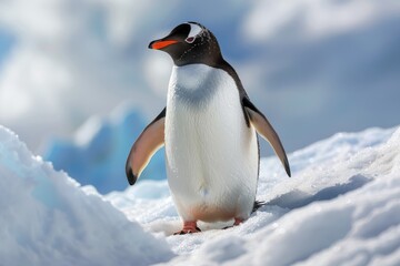 Fototapeta premium Elegant Penguin Standing on Snow-Covered Hills in Antarctica with Clear Blue Sky Background