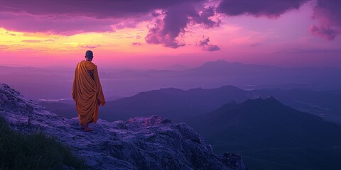 Obraz premium Solitary Monk at Sunset on Mountain Top with Purple Sky and Orange Robes, Tranquil and Ethereal