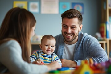Obraz premium Happy family plays together at home, creating joyful memories and strengthening their bond. Parents engage in playful bonding with their child, fostering early learning and growth