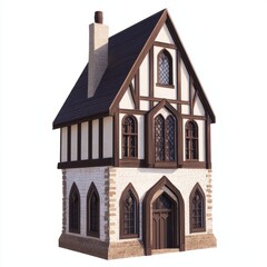 Fototapeta premium 3D Render of a medieval guildhall with tall windows and a decorative facade, on isolated white background