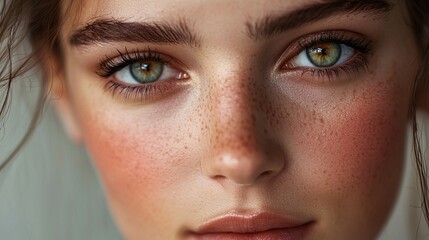 Fototapeta premium Close-up of a woman's face with freckles and green eyes