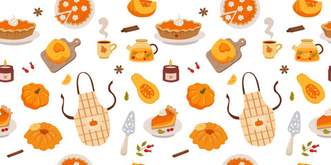 Pumpkin pie background. Pumpkin slice, spices, meringues, whole pie, piece of pie, apron, teapot. Seamless pattern for Thanksgiving paper, packaging, fabric, wallpaper and other surfaces.