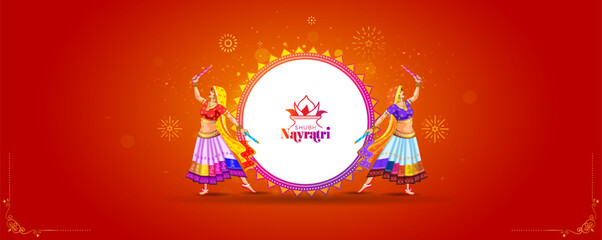 Dandiya night garba dance Greeting card for Navratri festival. Durga Kalash puja and navratri utsav festive background.