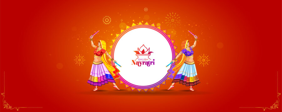 Dandiya night garba dance Greeting card for Navratri festival. Durga Kalash puja and navratri utsav festive background.