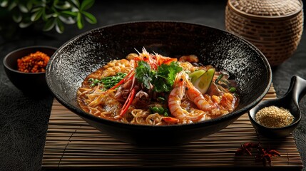 Savory Asian Shrimp Noodle Dish in Rustic Bowl with Chopsticks