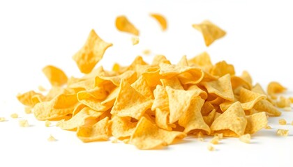Fototapeta premium Pile tortilla chips crumbs, yellow pieces flying isolated on white background