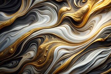 Abstract wavy white and gold acrylic paint on black background imitation marble
