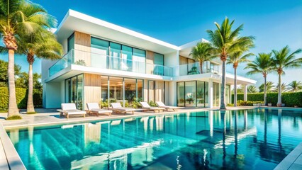 Fototapeta premium A luxurious, modern villa is showcased, featuring sleek white architecture with clean lines and large glass windows that reflect the bright blue sky.