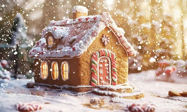 Gingerbread house in the snow