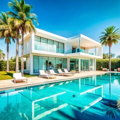 Fototapeta premium A luxurious, modern villa is showcased, featuring sleek white architecture with clean lines and large glass windows that reflect the bright blue sky.