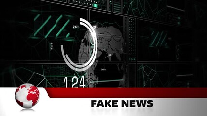 Fake News text animation over digital world map and data screens - Powered by Adobe