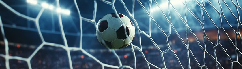 Triumph at the Stadium - Intense Goal-Scoring Moment with Ball Heading Into the Net, High-Energy Sports Scene with Crowded Spectators Cheering