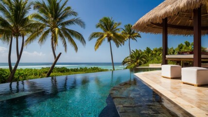 Fototapeta premium Tropical retreat with palm-fringed infinity pool and thatched cabana