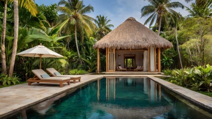 Tropical retreat with palm-fringed infinity pool and thatched cabana