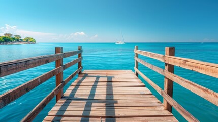 Fototapeta premium Serene coastal landscape a wooden dock with sailboat against calm blue waters and clear sky