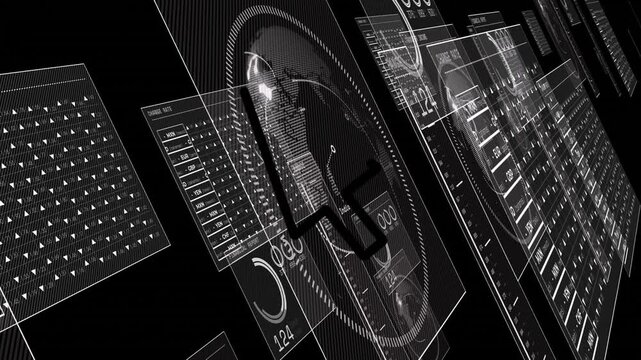 Digital data and analytics animation over black background with various charts and graphs