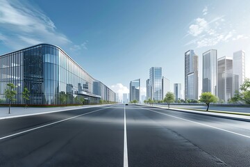 Fototapeta premium Asphalt road and modern city buildings under blue sky