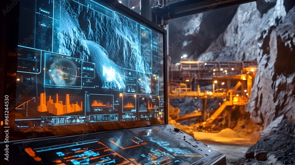 Poster holographic display showcasing a real time monitoring system for efficient and sustainable ore extra