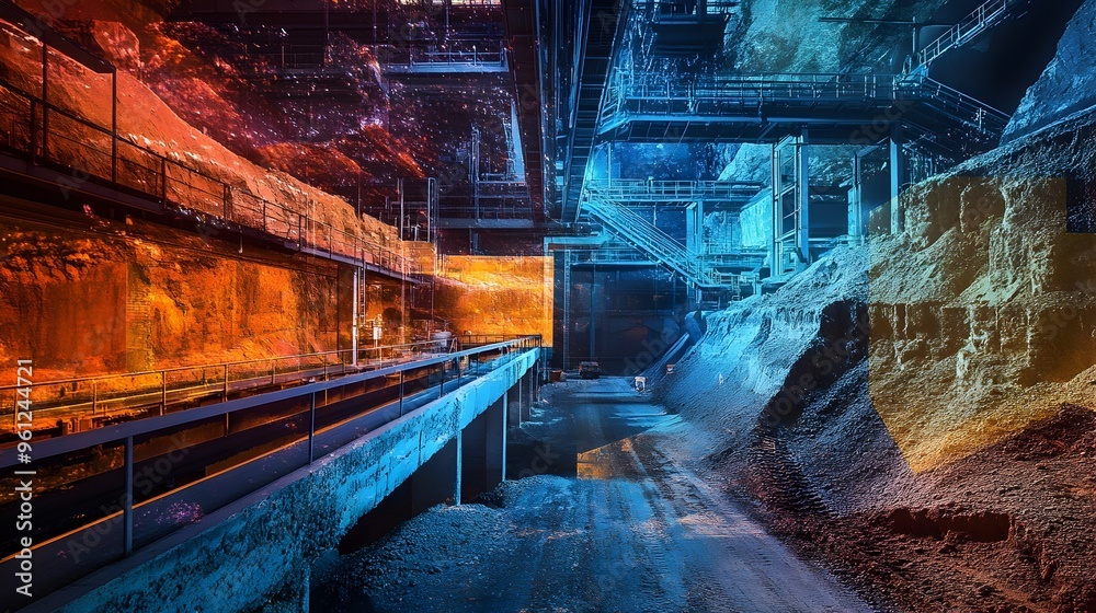 Poster holographic display of advanced mineral processing techniques in a futuristic high tech mining facil