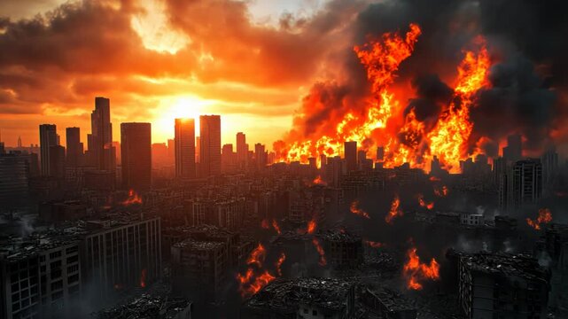 A fiery cityscape at sunset illustrating urban chaos and disaster concepts, ideal for depicting apocalyptic themes around Halloween or post-apocalyptic narratives