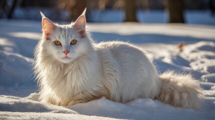 Turkish Angora cat basking in snow, winter sunlight shining 