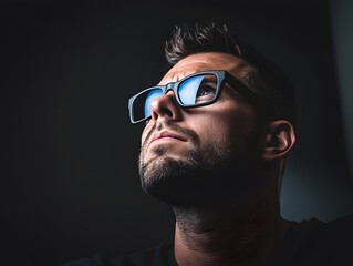 Obraz premium Close Up Portrait of Man with Glasses Looking Up