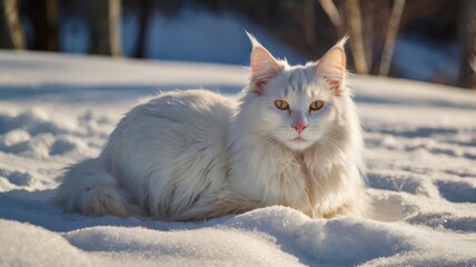Turkish Angora cat basking in snow, winter sunlight shining 