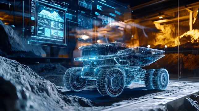 Holographic display showcasing the use of autonomous vehicles for transporting raw materials in mining the potential of futuristic transportation and logistics technology