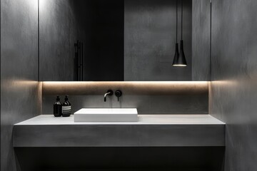 Fototapeta premium Modern bathroom design with minimalist features and ambient lighting.
