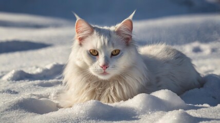 Fototapeta premium Turkish Angora cat lying in snow under winter sunlight 
