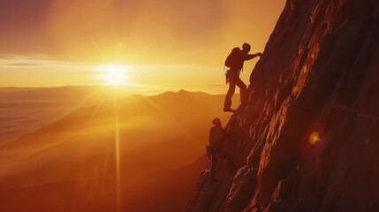 Fototapeta premium Mountaineers Climbing at Sunset in Snowy Mountains