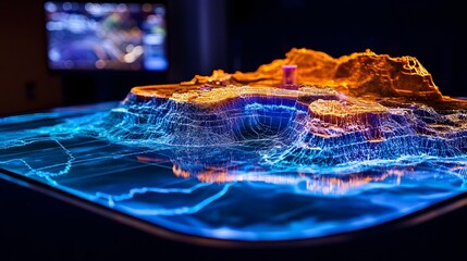 Futuristic 3D holographic visualization of resource and geophysical data analysis for advanced geological surveying mining and energy discovery