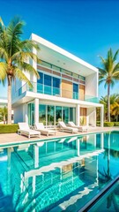 Fototapeta premium A luxurious, modern villa is showcased, featuring sleek white architecture with clean lines and large glass windows that reflect the bright blue sky.