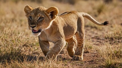 Fototapeta premium Two lion cubs running in African savannah 
