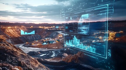 Holographic display showcasing an environmental impact assessment with detailed sustainability metrics and data visualizations for a mining area