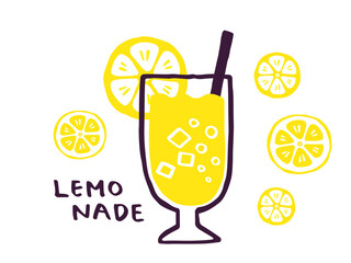 かわいいレモンとレモネードとLemon文字セット／手書き文字ベクターイラスト