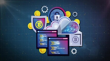 Cryptocurrency and blockchain technology animation over digital security and coding elements