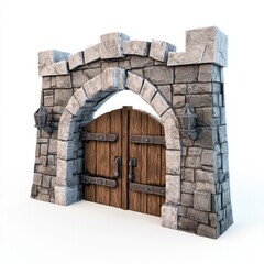 3D Render of a medieval town gate with wooden doors and stone arches, on isolated white background