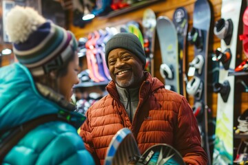 Obraz premium Senior man is smiling while shopping for a snowboard and talking with a salesperson in a sporting goods store