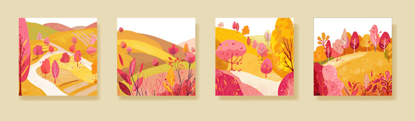 Set of posters with autumn park, Hand drawn. Red plants, trees and colorful fall foliage. Print on Print, notebook or book cover. Postcard, poster or wallpaper. Vector